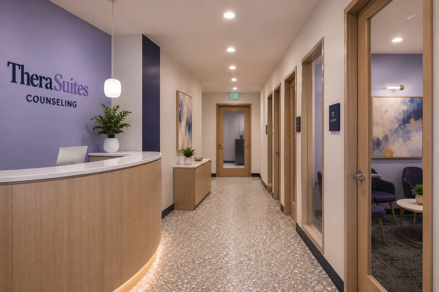 The reception area and hallway inside TheraSuites